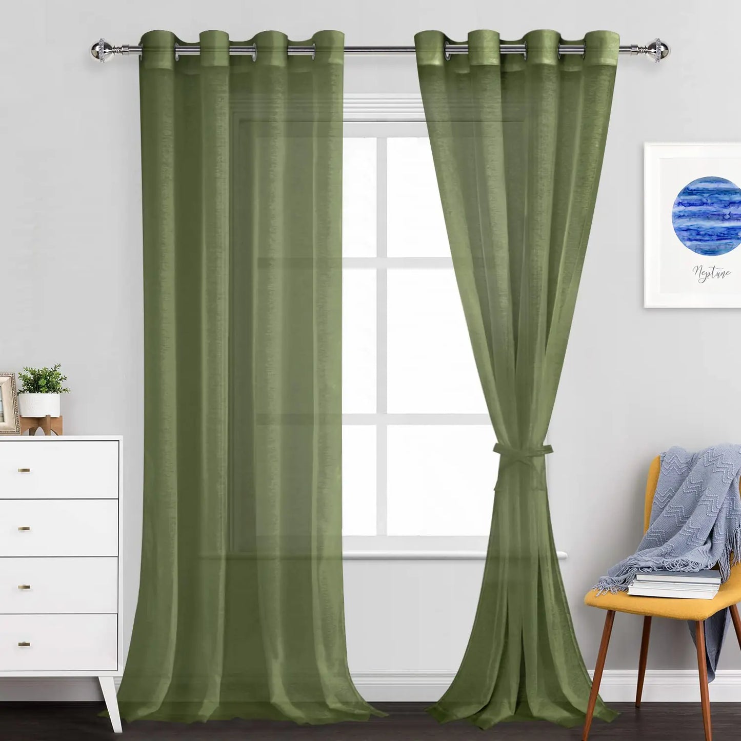 JIUZHEN Semi Sheer Curtains for Living Room - 96 inches Long with Tiebacks Light Filtering Grommet Window Curtains for Bedroom/Office 52Wx 96L Set of 2 PanelsOlive Green