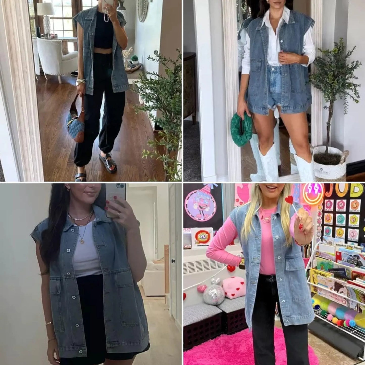 FindThy Women’s Vintage Denim Jean Vest Oversized Button Down Jean Waistcoat Gilet Dark Blue Medium