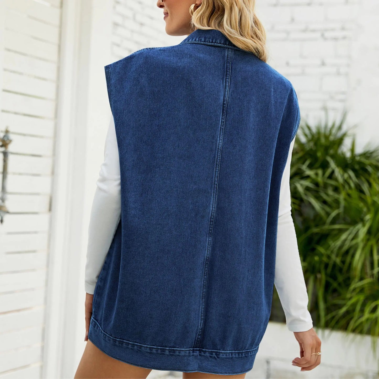 FindThy Women’s Vintage Denim Jean Vest Oversized Button Down Jean Waistcoat Gilet Dark Blue Medium