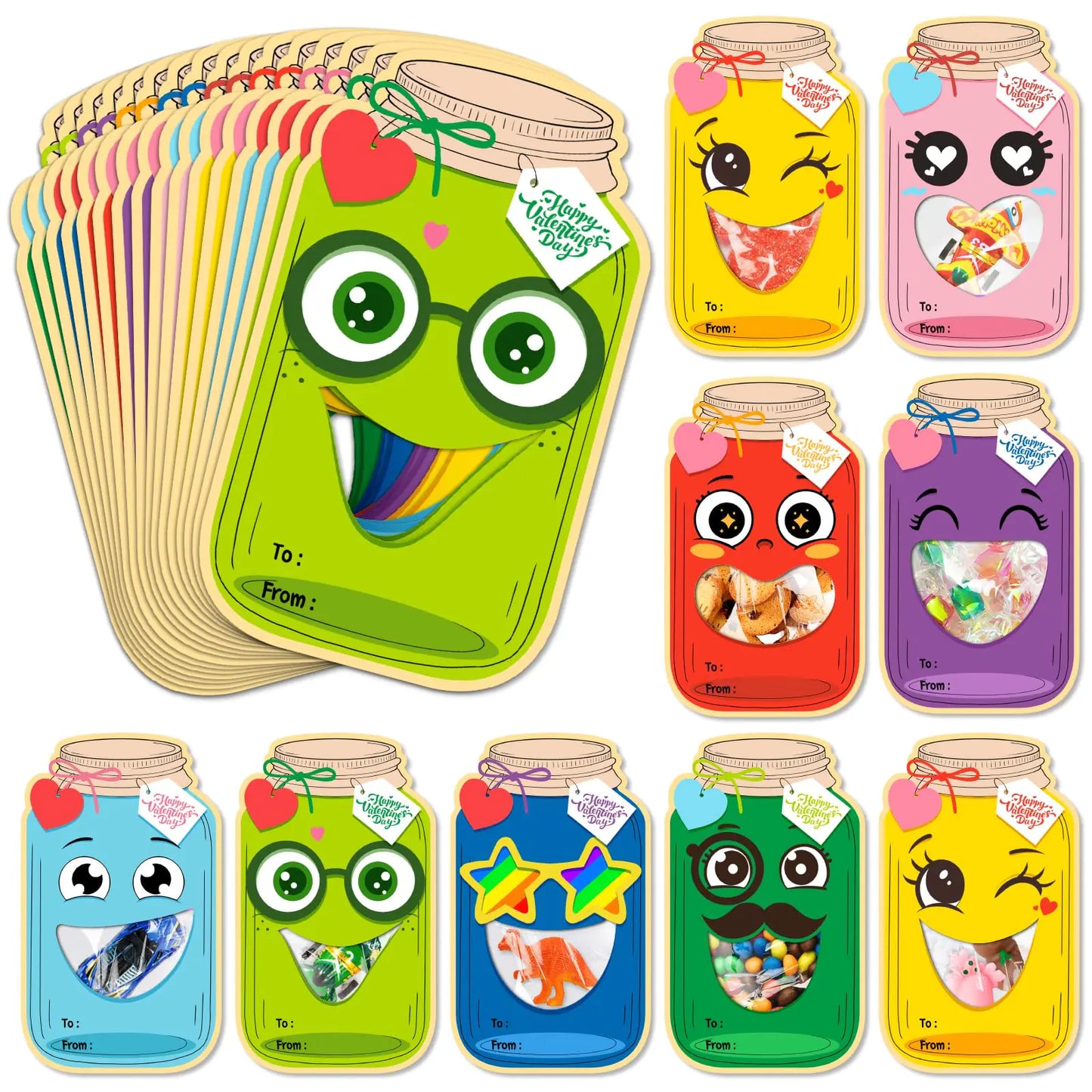 Valentines Day Cards for Kids Classroom 56 Pack Mason Candy Jar Valentines Day Card with Treat Bags DIY Funny Valentine Exchange Gifts for Boys Girls School Party Favors(Candy Not Included)