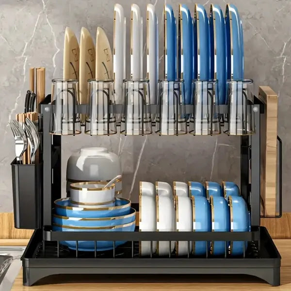 2-Tier Dish Rack with Drainboard & Utensil Holder
