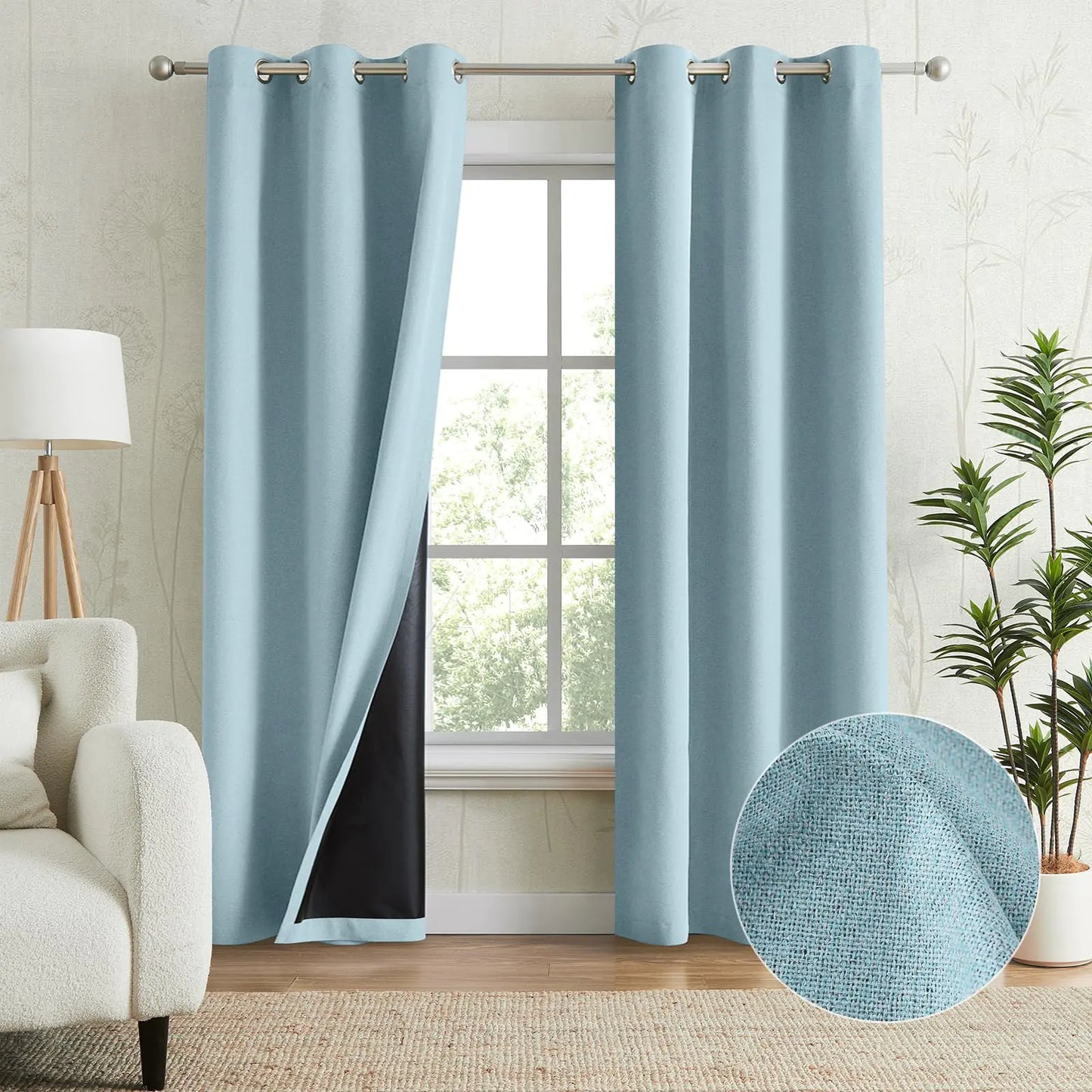 Melodieux 100% Blackout Linen Textrued Curtains for Living Room Full Light Blocking Thermal Insulated Grommet Curtain Drapes with Black Back for Bedroom 42 x 63 Inch Light Blue (2 Panels)