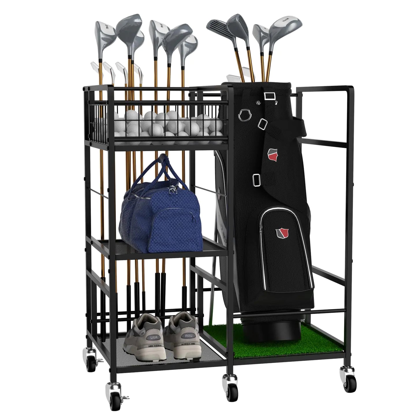 Golf Bags Storage Garage Organizer Golf Storage Rack Stand for Golf Bag Clubs and Golf Equipment Accessories Golf Bag Holder with Wheels for Club Shed and Basement Black