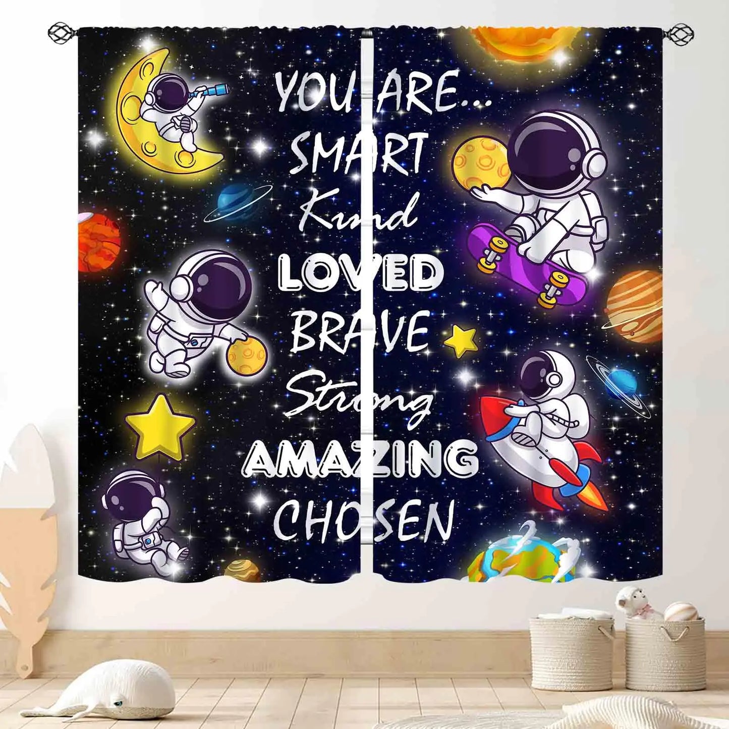 Kids Space Curtains for Boys Room Cartoon Universe Galaxy Space Planet Astronaut Inspirational Quotes Learning Kids Window Drapery Treatments for Bedroom Living Room Nursery 2 Panels 42"x45" Inch