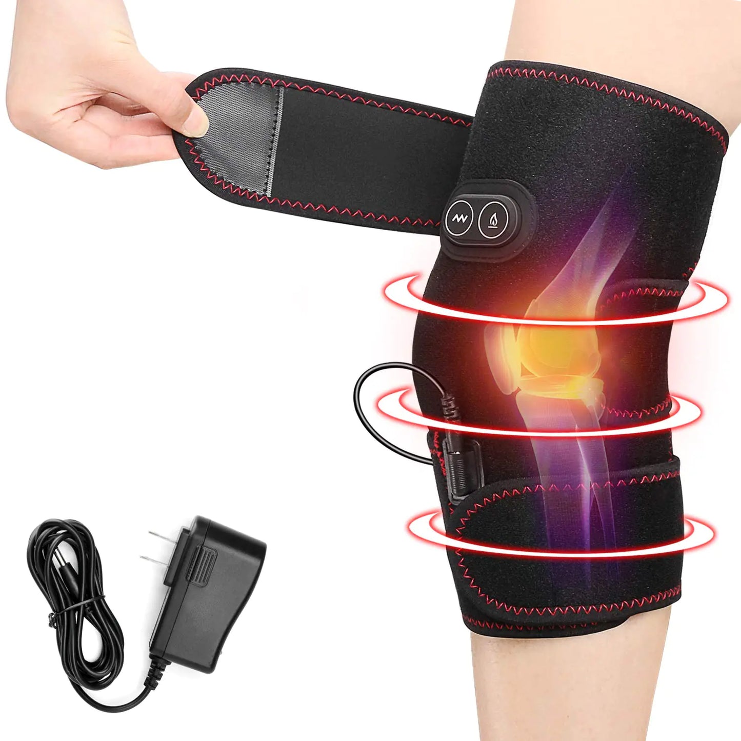 PKSTONE Heated Knee Brace Wrap 3 Adjustable Heat and Vibration Knee Massager for Arthritis Knee Pain Relief Massaging Knee Pad with AC Adapter (No Battery)