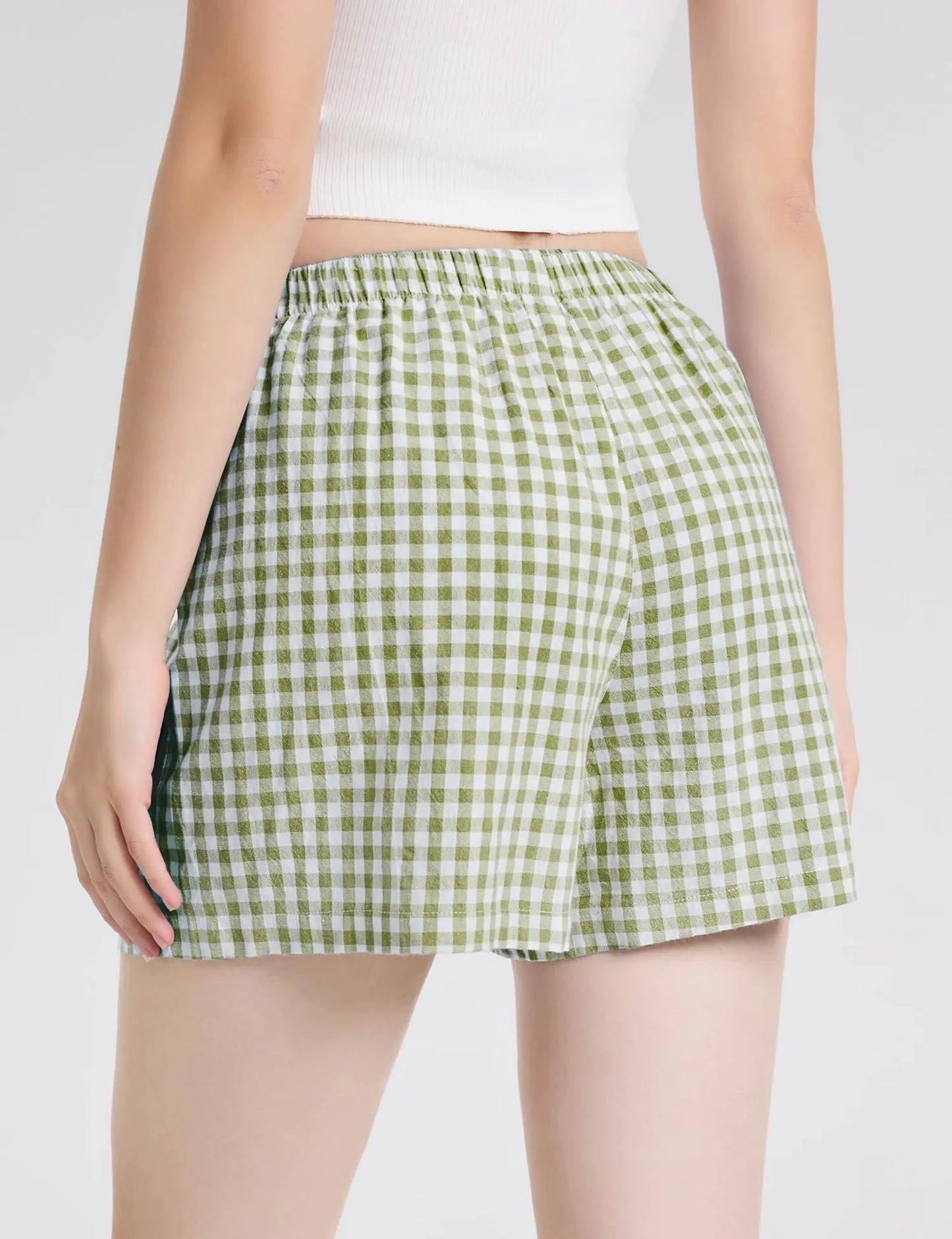LOMON Womens Boxer Shorts Casual Summer Cotton Pajama Lounge Sleep Pj Gingham Plaid Shorts Y2K Beach Bottoms Army Green White Plaid X-Small