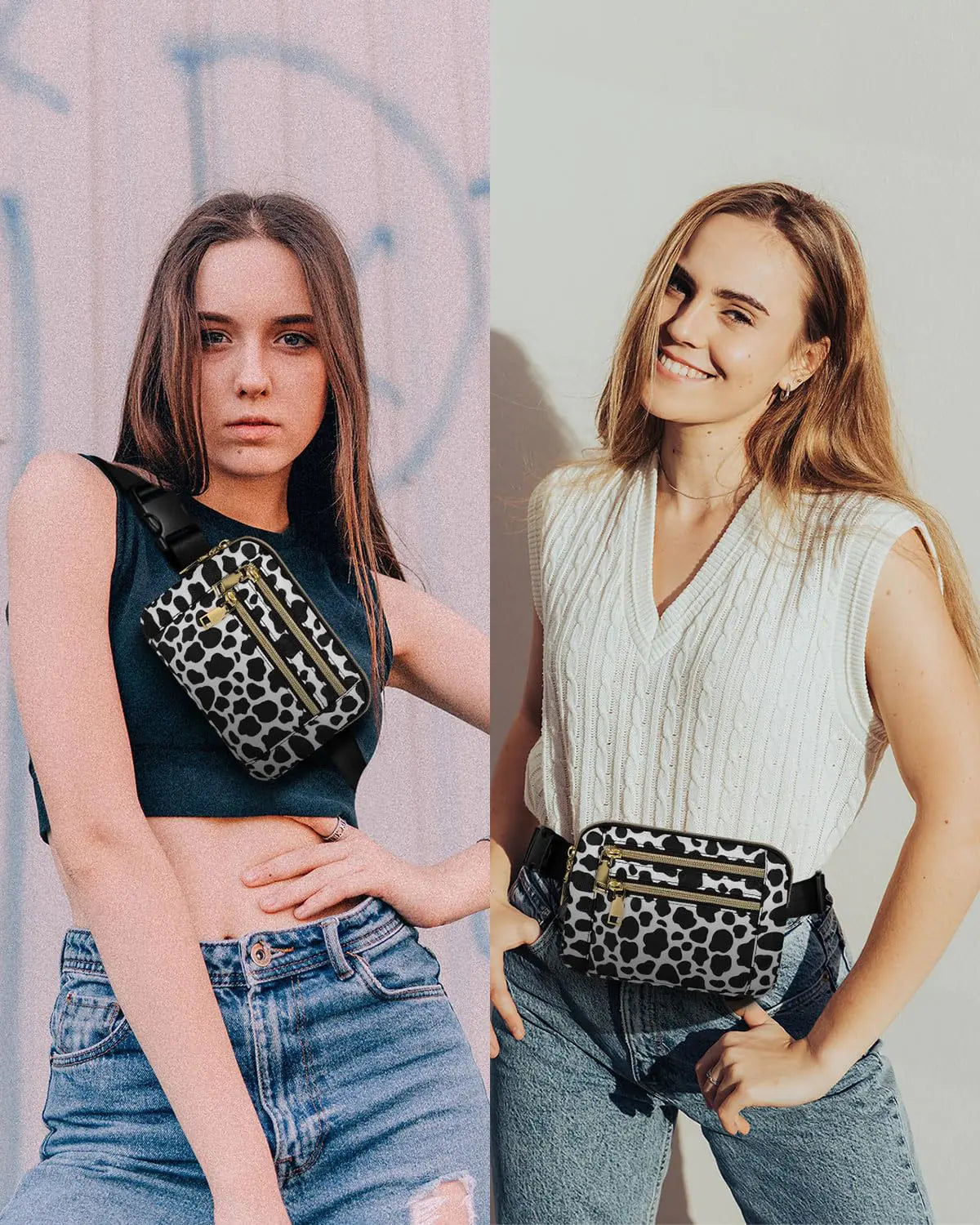 Capolo Fanny Packs for Women Fashion Waist Packs Bag with Adjustable Strap and 4 Zipper Pockets Waterproof Everywhere Crossbody Belt Bag for Workout Running Travelling(Cow Print) Medium Cow Print