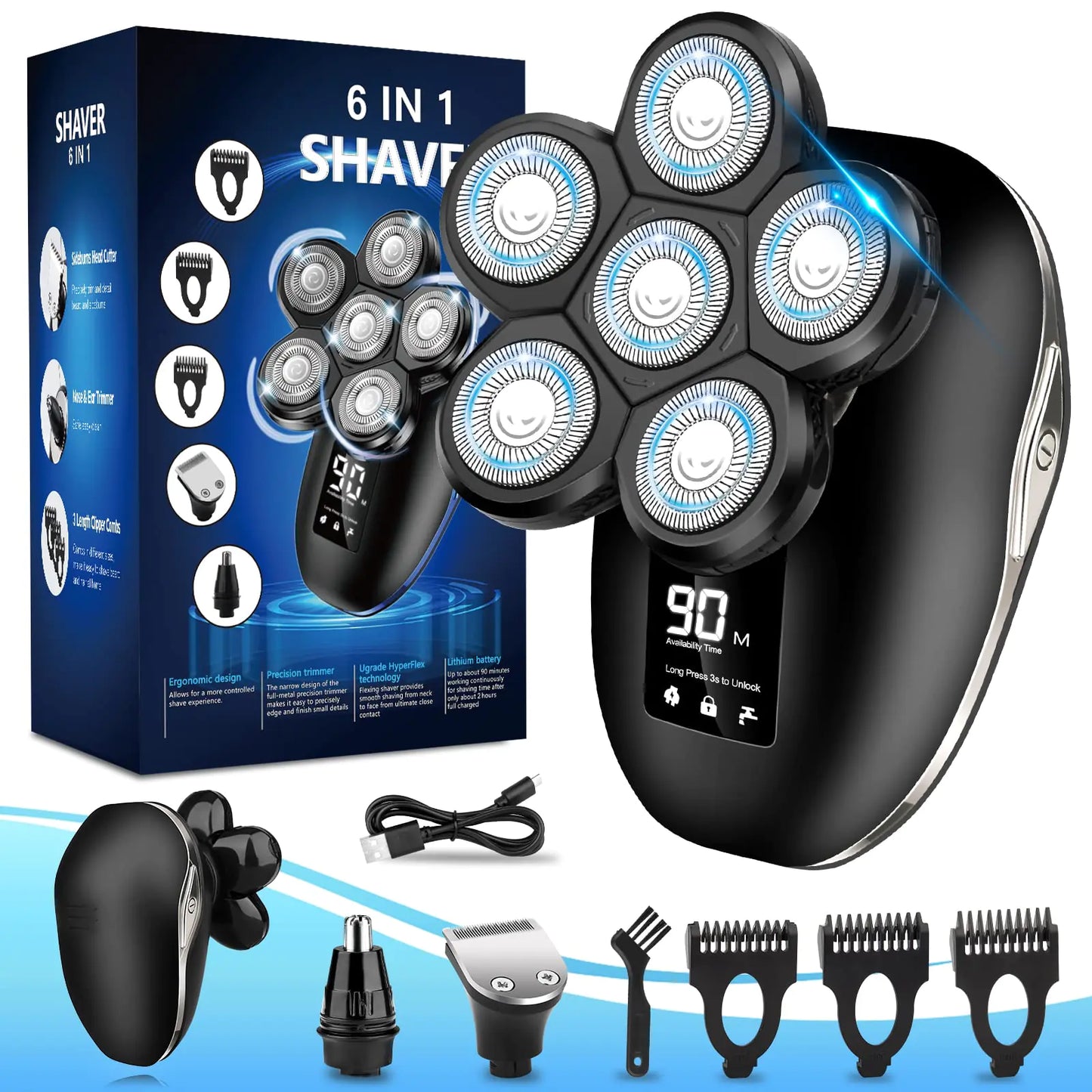 Head Shaver for Bald MenElectric Shaver for Bald Head 6D Wet/Dry Waterproof Mens Electric Razor Head Shavers Mens Grooming Kit Cordless Rechargeable Face Head Shaving Rotary Shaver