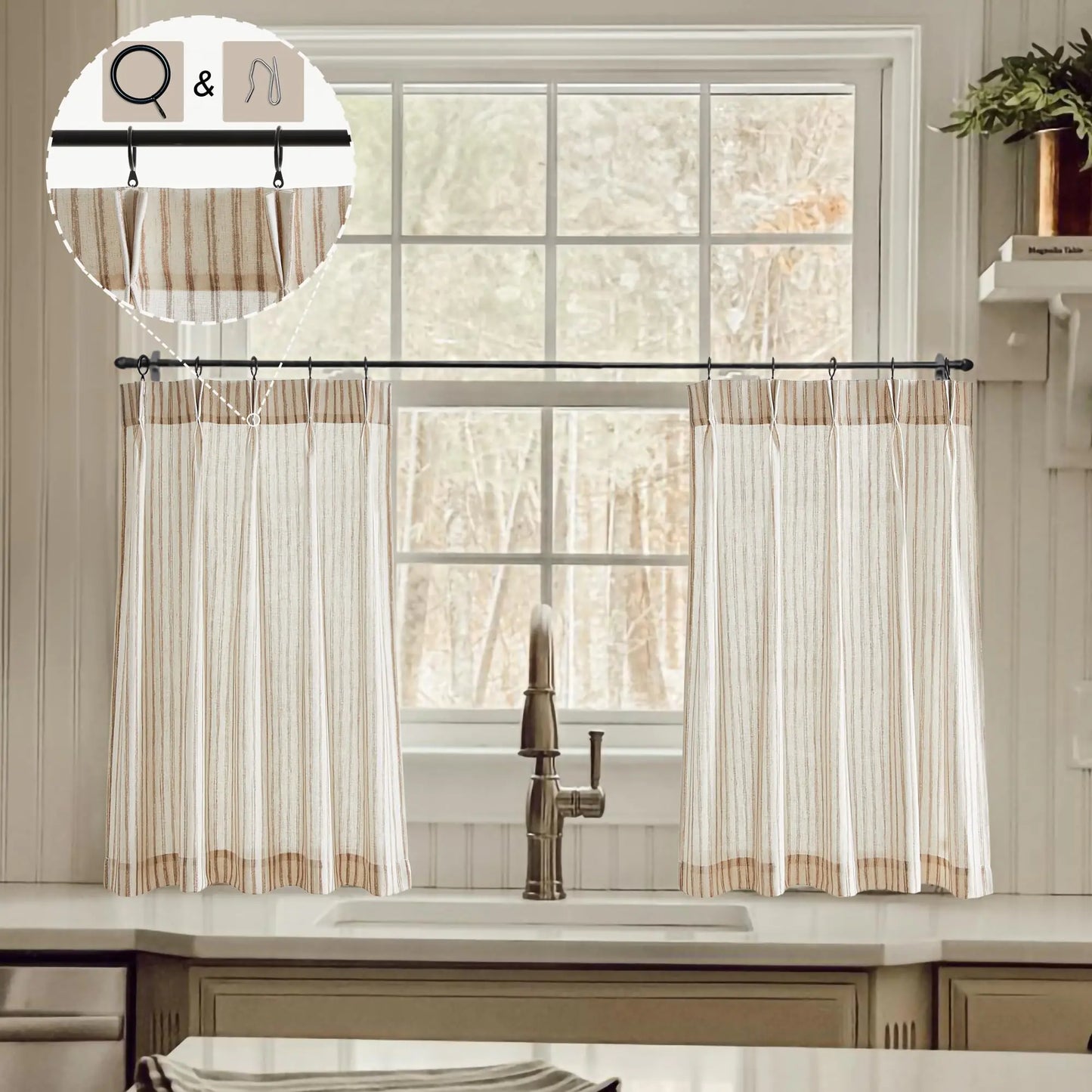 Beige Linen Kitchen Curtains 28 inch Length Pinch Pleat Cafe Curtains