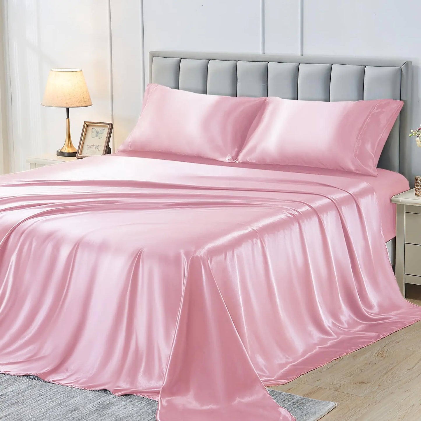 Sasttie Satin Sheets Queen Size Pink Satin Bed Sheets Queen Silky Sheets Queen Size Bed Set Satin Queen Sheet Set Includes 1 Flat Sheet 1 Fitted Sheet and 2 Pillowcases