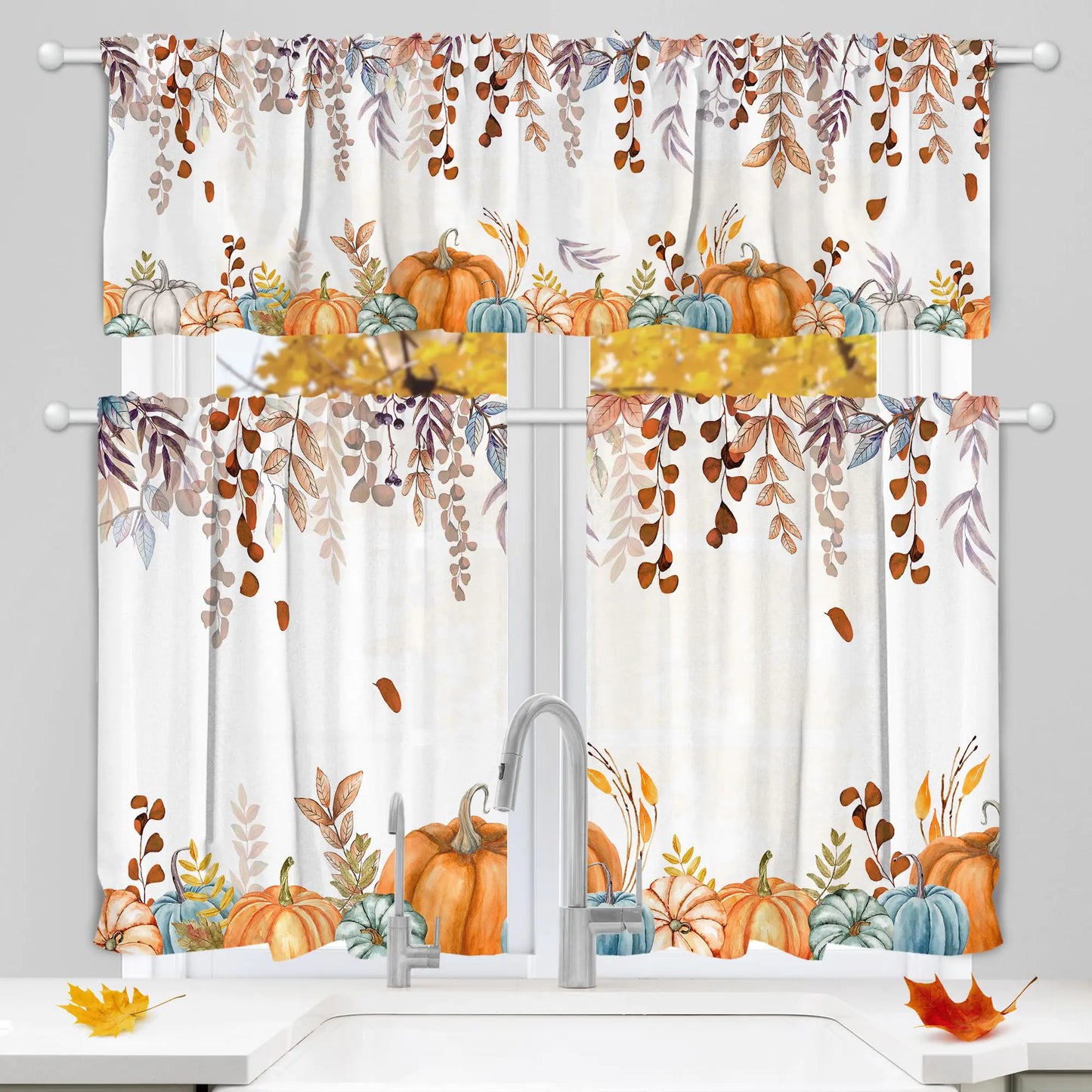 Fall Kitchen Curtains Fall Window Decorations Kitchen Curtains Valance Set of 3 Rod Pocket Window Tiers Fall Kitchen Decor Leaf Pumpkin Curtains for Living Room Bedroom Decorations for Home 54x24in