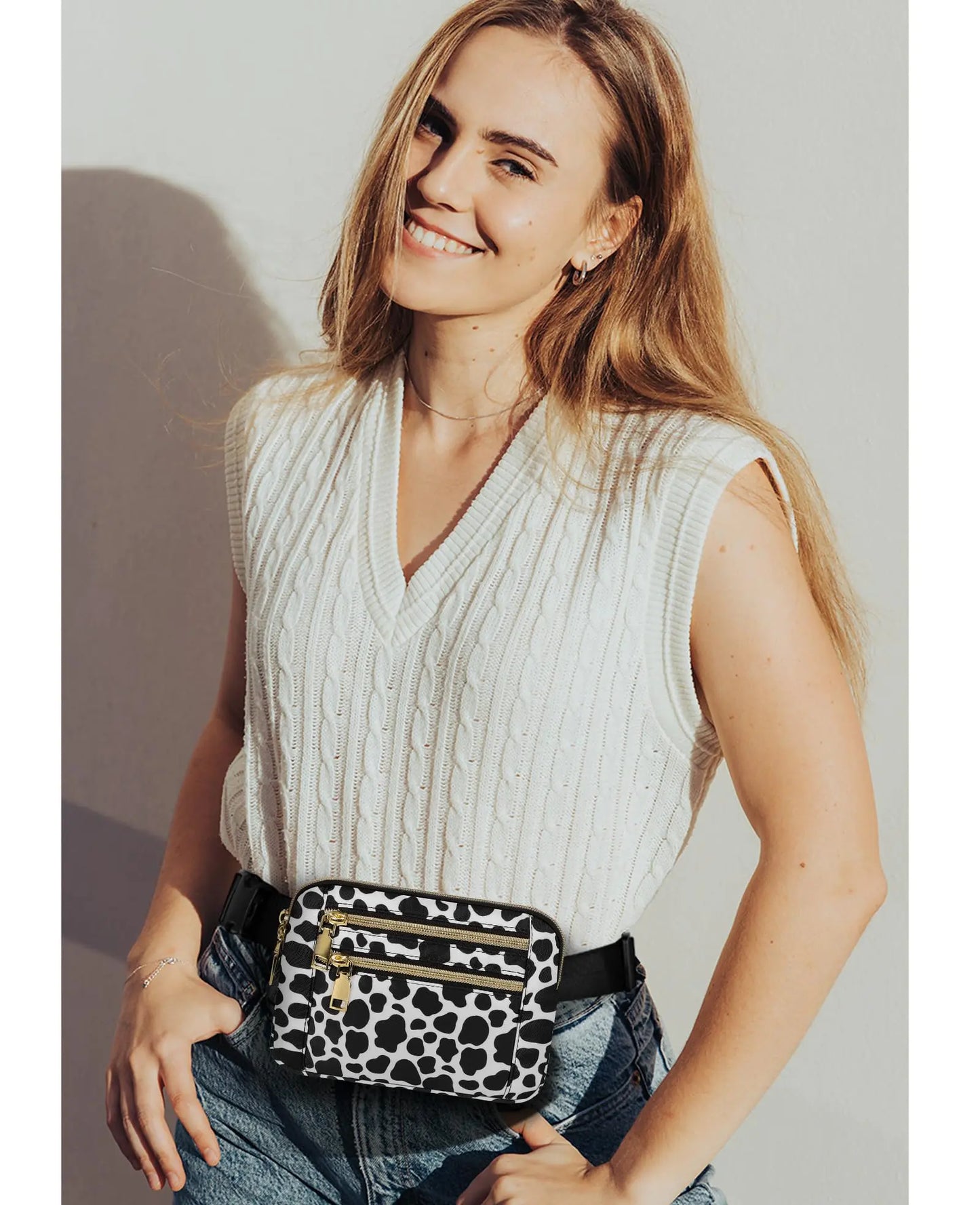 Capolo Fanny Packs for Women Fashion Waist Packs Bag with Adjustable Strap and 4 Zipper Pockets Waterproof Everywhere Crossbody Belt Bag for Workout Running Travelling(Cow Print) Medium Cow Print