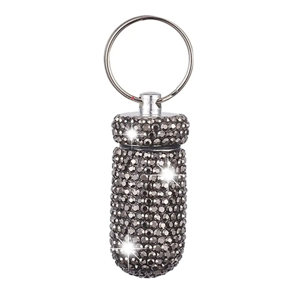 ikasus Bling Crystal Rhinestone Keychain Portable Pill Case Waterproof Pill Container Keychain Glitter Travel Pill Organizer Small Pill Dispenser Keychain Pill Holder for Outdoor Camping Travel