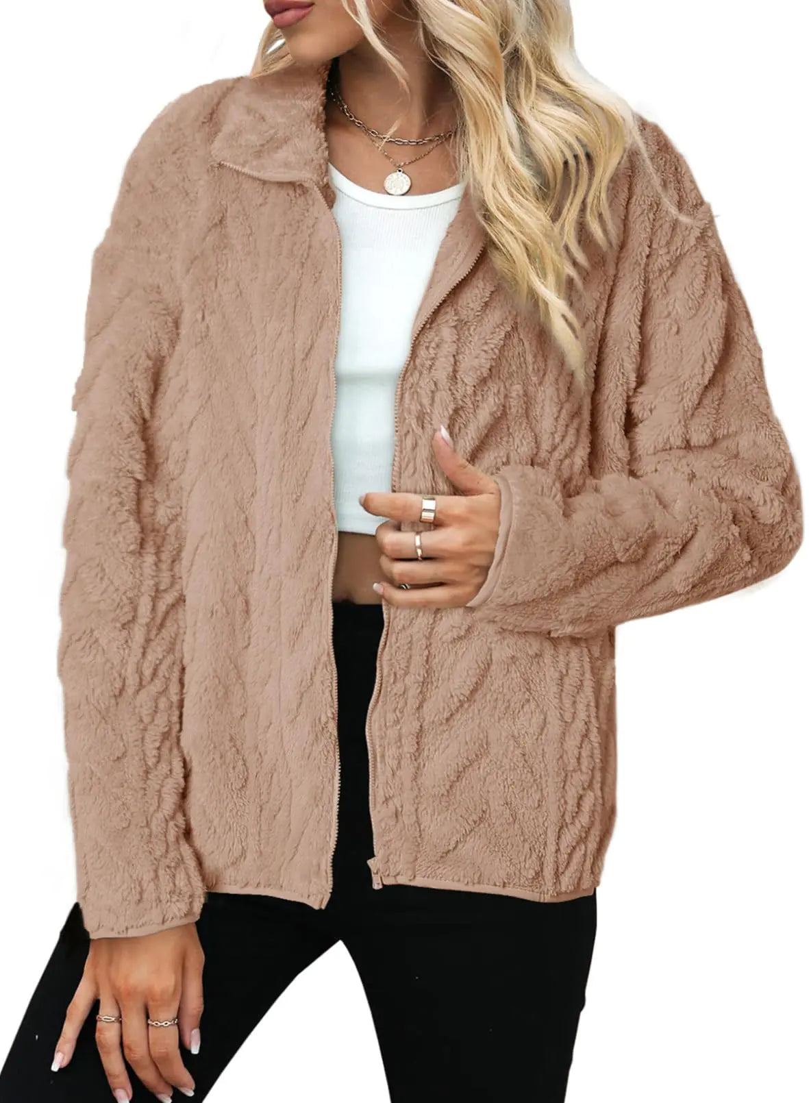 Dokotoo Winter Fleece Jacket for Women Zipper Up Zip Up Stand Collar with Pockets Coats Medium Light French Beige