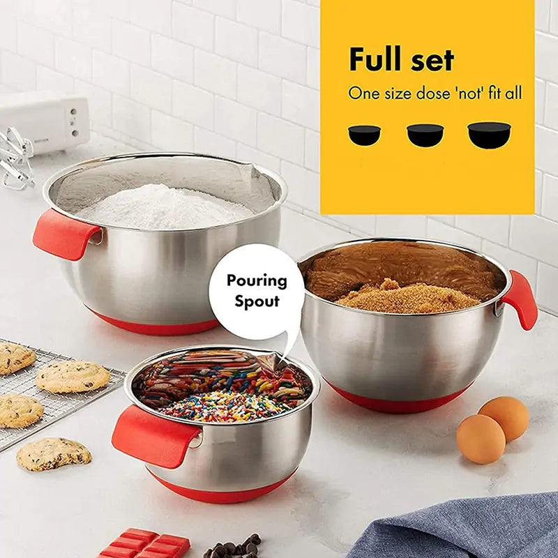HOT-Mixing Bowls,Stainless Steel Non Slip Mixing Bowls,with Airtight Lids and Grater,Measurement Marks,for Salad Mixer,Etc