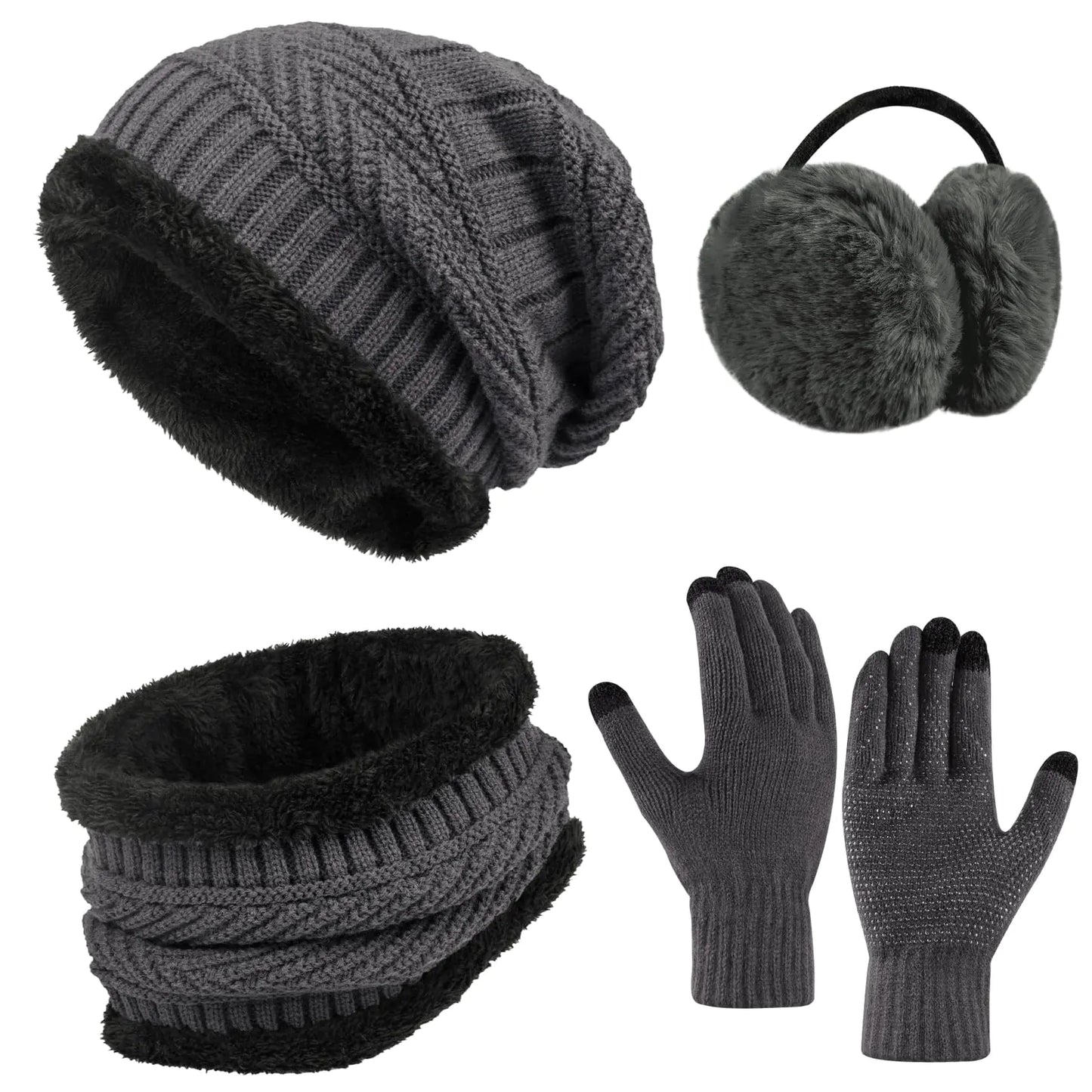 4-Pieces Warm Winter Beanie Hat Scarf Set Thick Knit Hat Beanie Skull Caps Scarfs for Women Men(Gray one Size)