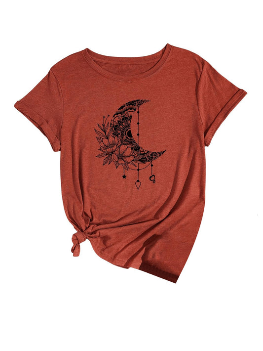 SweatyRocks Womens Cute Tee Graphic Print Crewneck Short Sleeve T Shirts Top Brown Moon Small