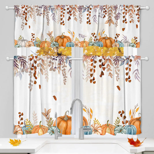 Fall Kitchen Curtains Fall Window Decorations Kitchen Curtains Valance Set of 3 Rod Pocket Window Tiers Fall Kitchen Decor Leaf Pumpkin Curtains for Living Room Bedroom Decorations for Home 54x24in