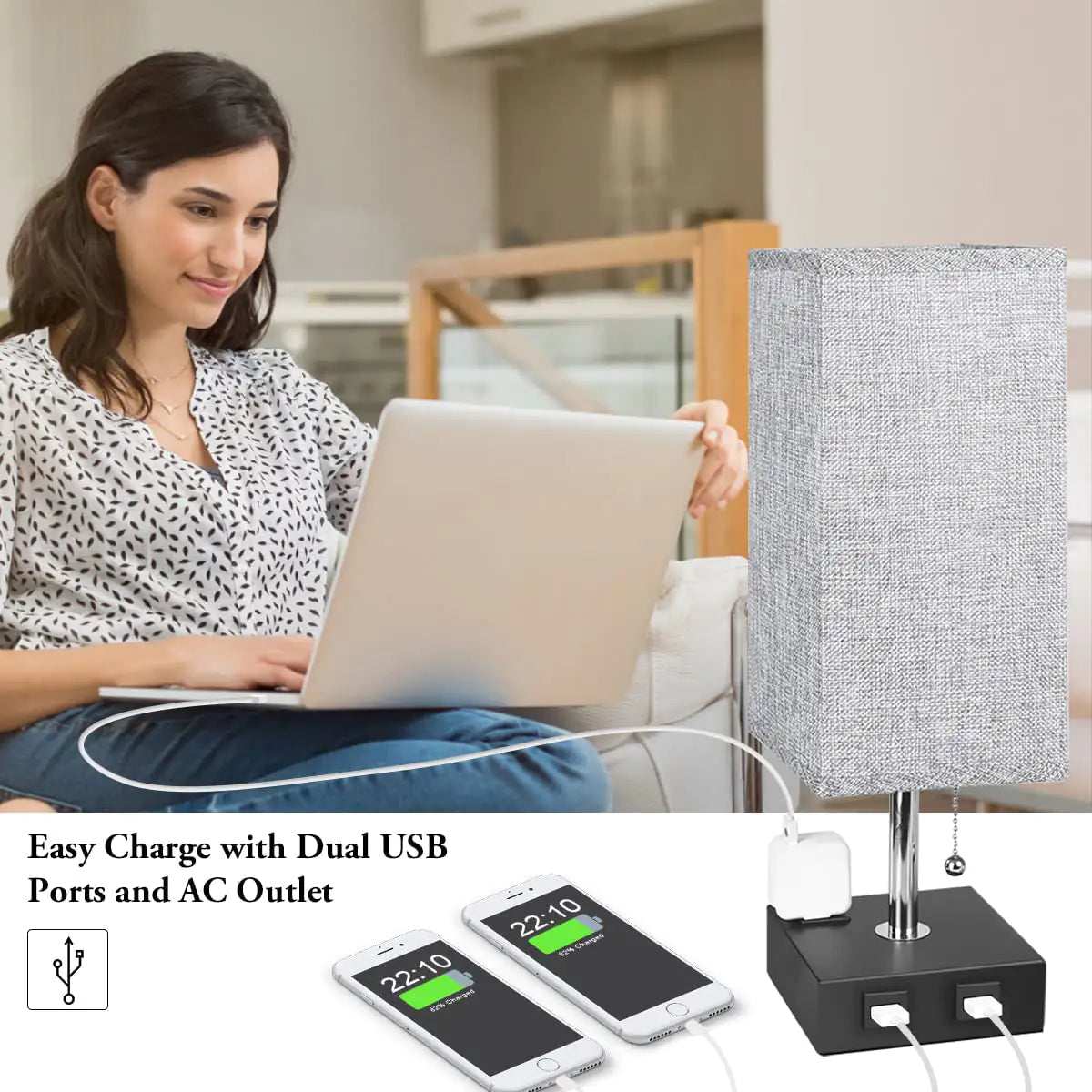 USB Bedside Table Lamp - Grey