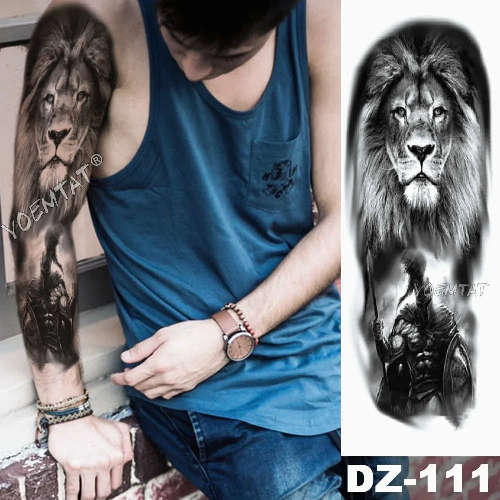 Large Waterproof Temporary Tattoo Sticker: Lion Crown King Rose Tiger Wolf Skull Totem