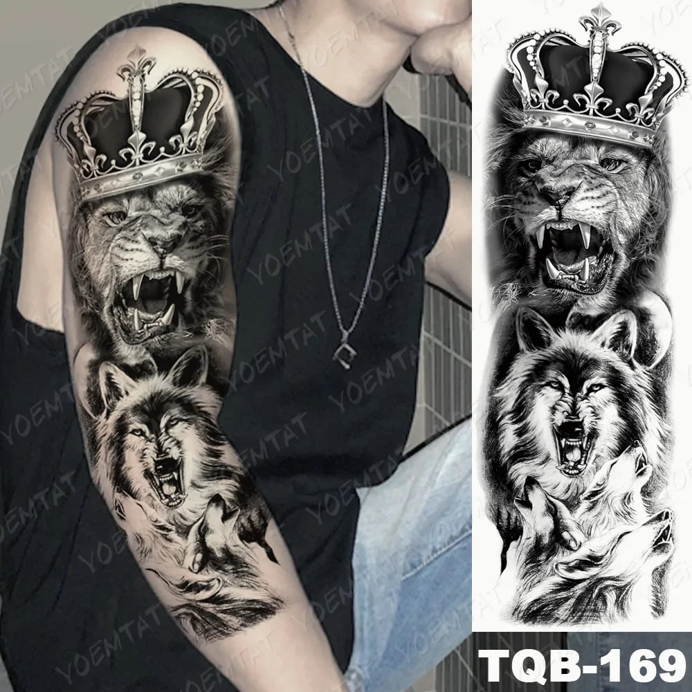 Large Waterproof Temporary Tattoo Sticker: Lion Crown King Rose Tiger Wolf Skull Totem