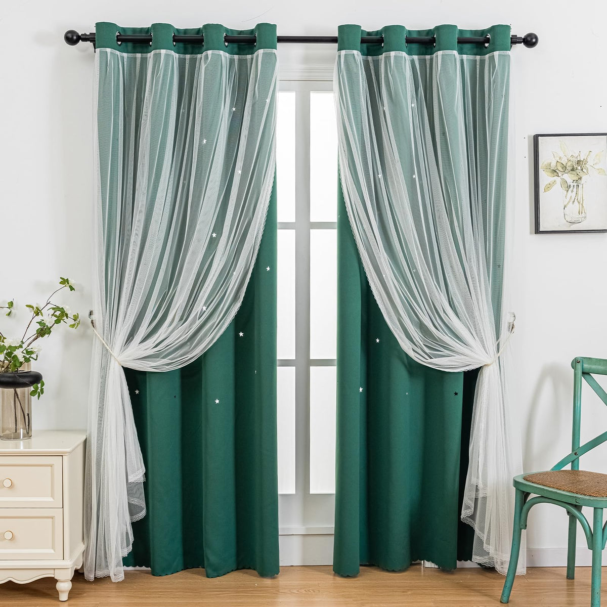 indistar Star Cutout Kids Window Blackout Curtains for Girl Bedroom Window Room Darkening Curtains & Drapes Baby Nursery Curtains (2 Panel52Wx72L inchDark Green)