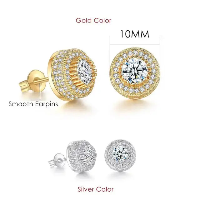 Rock Hip Hop Iced Out Stud Earring for Men Male Inlaid AAA+CZ Zircon Gold Color Piercing Ear Accessories Hiphop Trend Jewelry