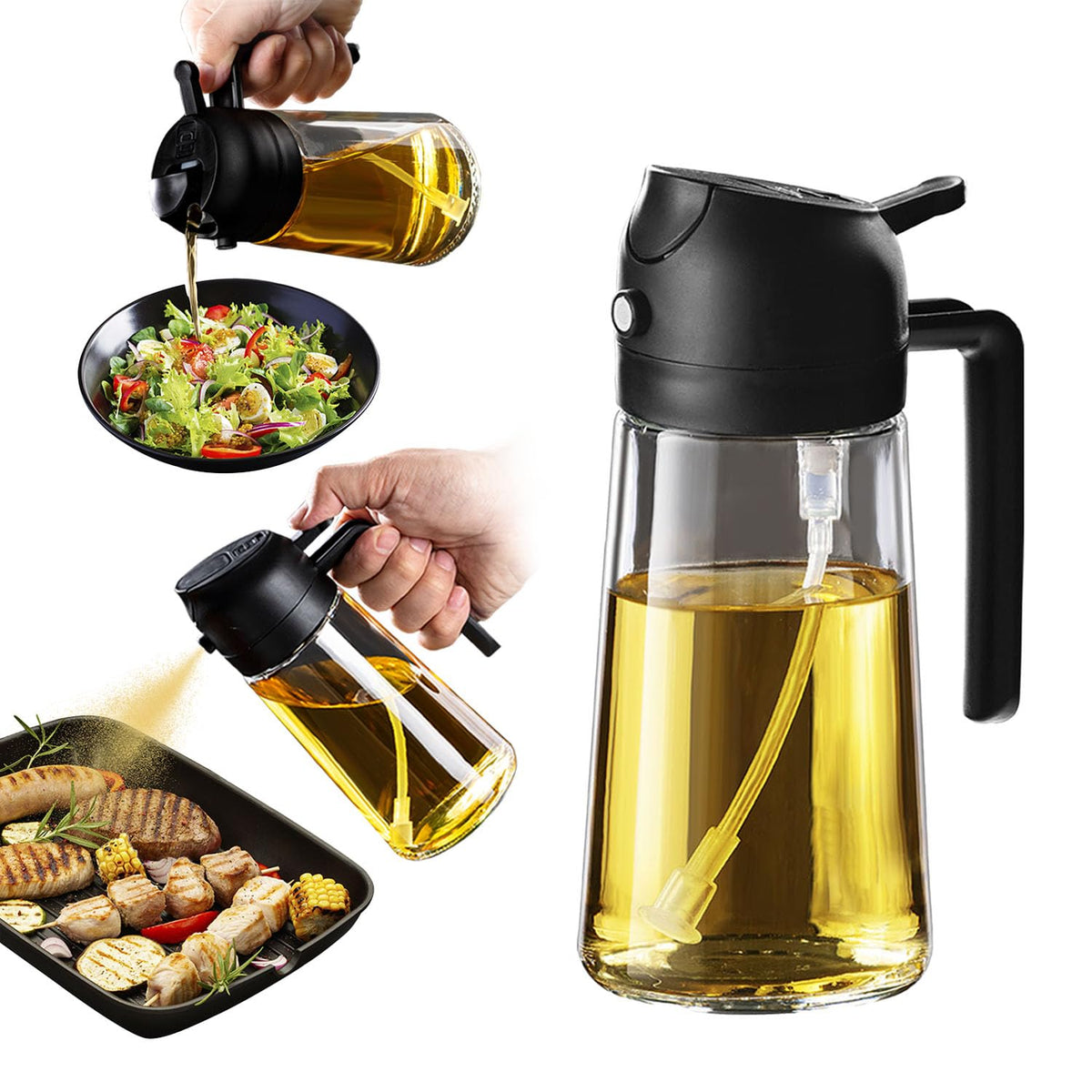 TrendPlain 16oz Olive Oil Dispenser Bottle for Kitchen - 2 in 1 Oil Dispenser and Oil Sprayer for Cooking Air Fryer Salad 470ml Olive Oil Sprayer Black
