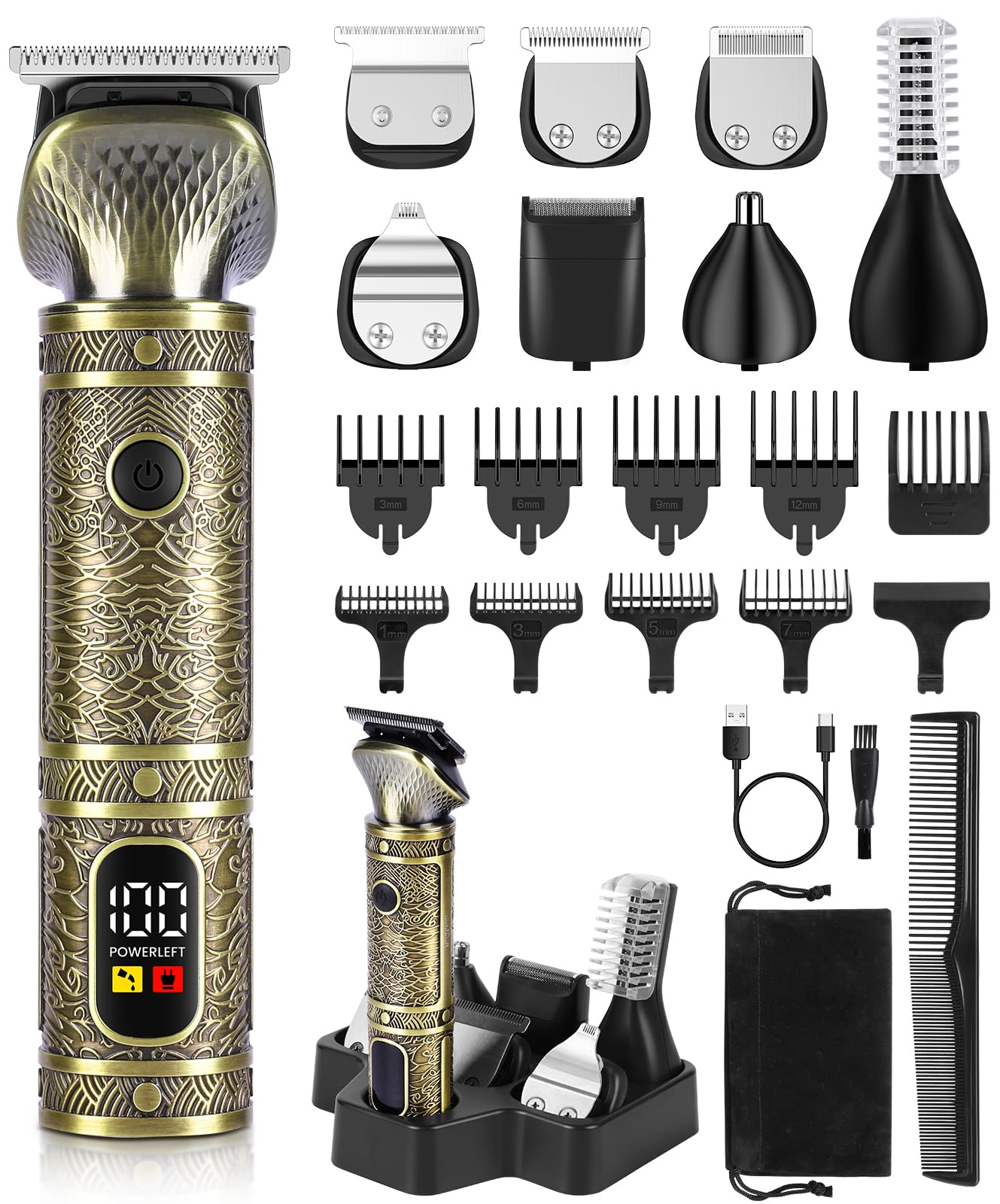 Brightup Beard Trimmer for Men Electric Razor Shavers for Men Professional Zero Gapped T-Blade Trimmer Cordless Hair Clipper 7 in 1 Grooming Kit for Face Mustache Body Nose Trimmer Gift for Men