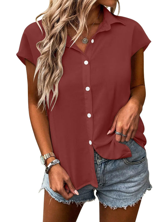 Bliwov Womens Summer Tops Solid Cap Sleeve Button Down Shirts Top Blouses Turn-Down Collar Causal Regular Shirts Brick Red