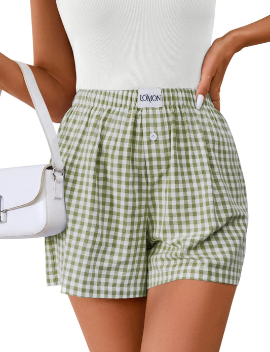 LOMON Womens Boxer Shorts Casual Summer Cotton Pajama Lounge Sleep Pj Gingham Plaid Shorts Y2K Beach Bottoms Army Green White Plaid X-Small