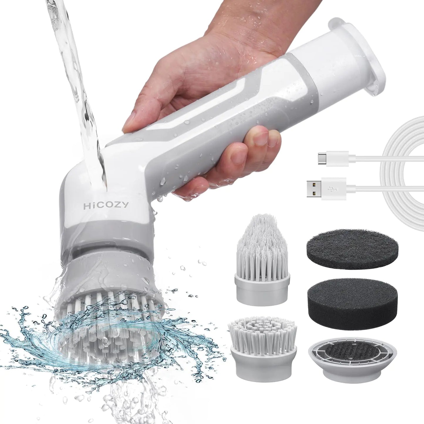 HiCOZY Electric Spin Scrubber HSE1 Power Cordless Scrubber for Cleaning Kitchen Bathroom Car Tile Grill with 2 Adjustable Speeds 4 Replaceable Brush Heads Gray