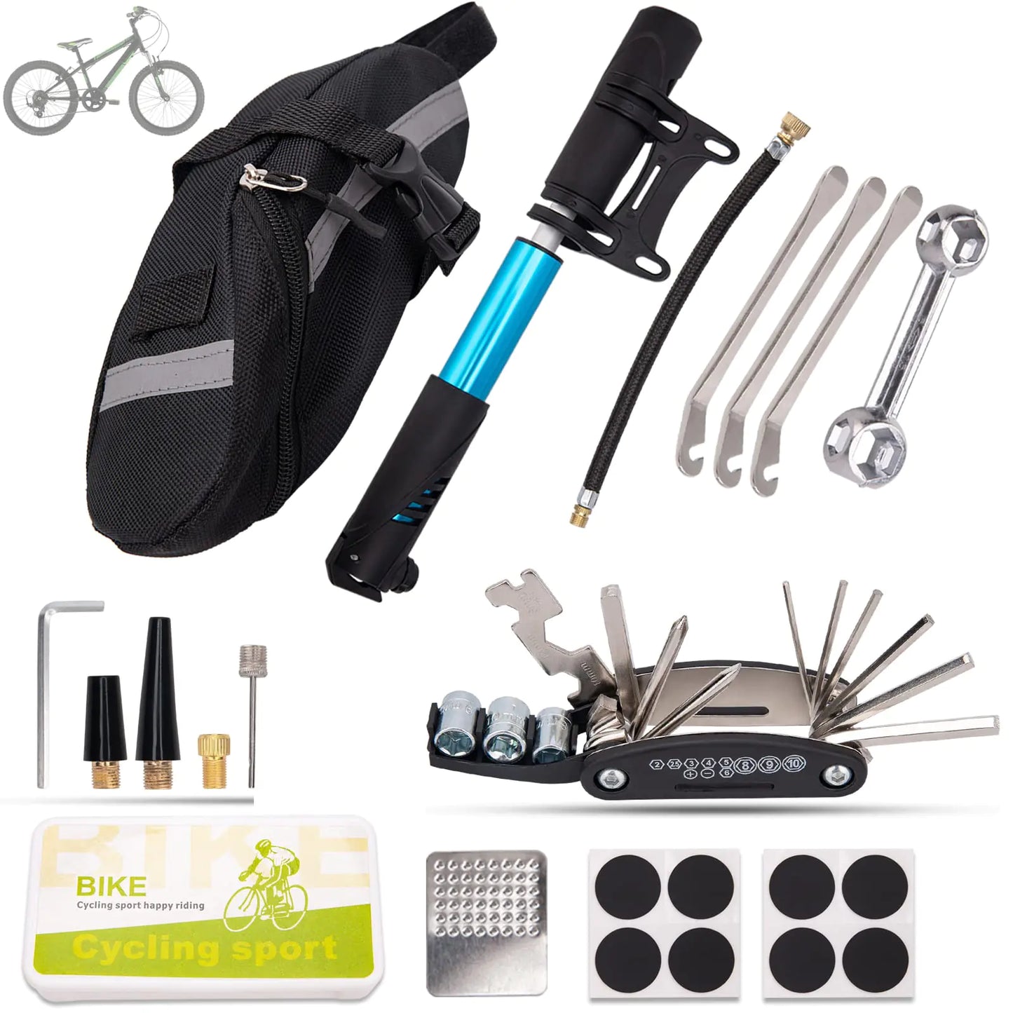 Bike Repair Tool Kit & Bicycle Repair Kit Bag Bike Repair Kit Portable Bike Tire Repair Tool Kit with 16-in-1 Tools Bike Tire Patch Kit 120 Psi Mini Pump Tyre Levers for Mountain/ Road Bike Repair