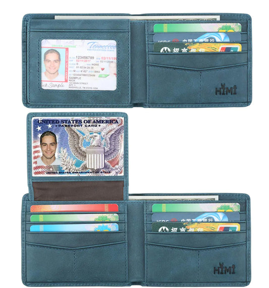 Wallet for Men-Genuine Leather RFID Blocking Bifold Stylish Wallet With 2 ID Window Vintage Style Vintage Ocean Blue