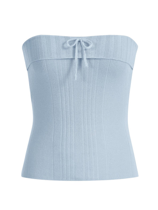 SHENHE Womens Ribbed Strapless Knit Top Bowknot Cute Fitted Tube Top Y2k Top Blue Small