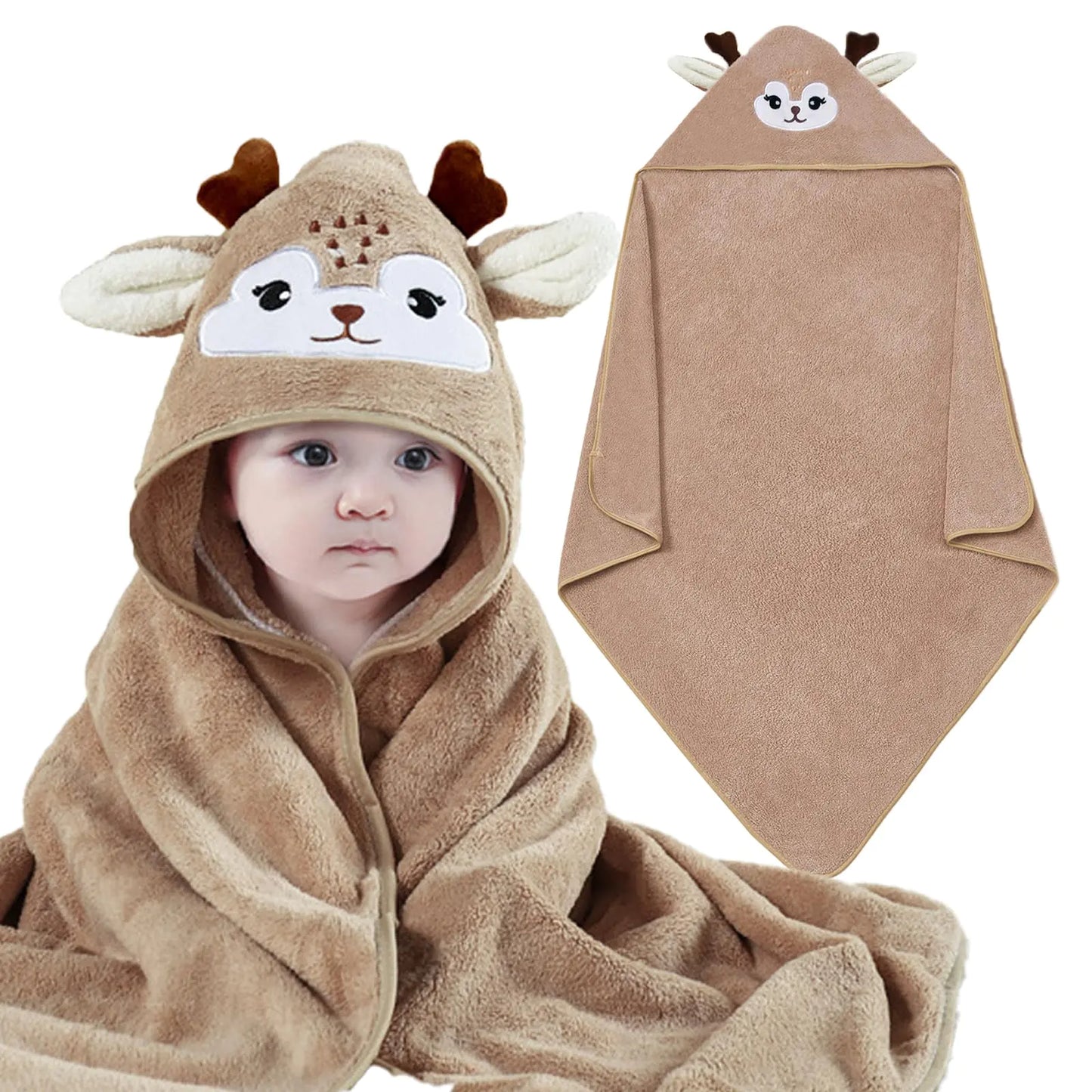 Hushlibaby 4Pack Hooded Baby Towels Unique Animal Design Cotton Hooded Towels Unisex Super Absorbent Baby Towels 31.5x31.5 Inch for Newborn Infant Toddler Essentials (Brown Deer-4pack)