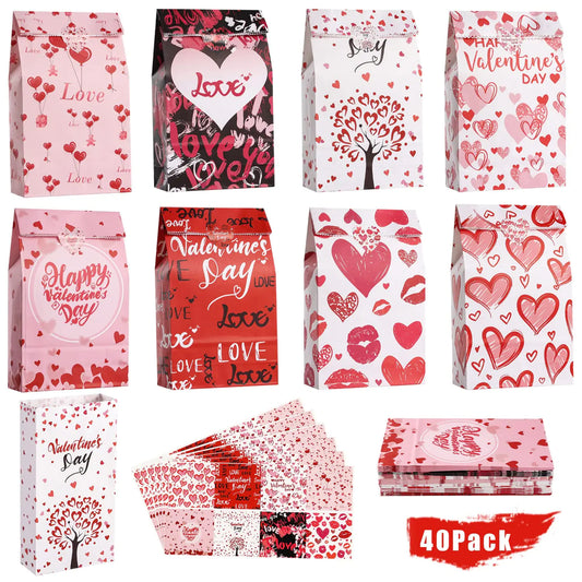 Valentines Gift Bags Party Favors - 40 PCS Valentine Paper Bags + 42 PCS Valentine Stickers for Kids Adult 8 Patterns Valentine Treat Bags Valentine Goodies Bags for Wrapped Gifts Party Decorations