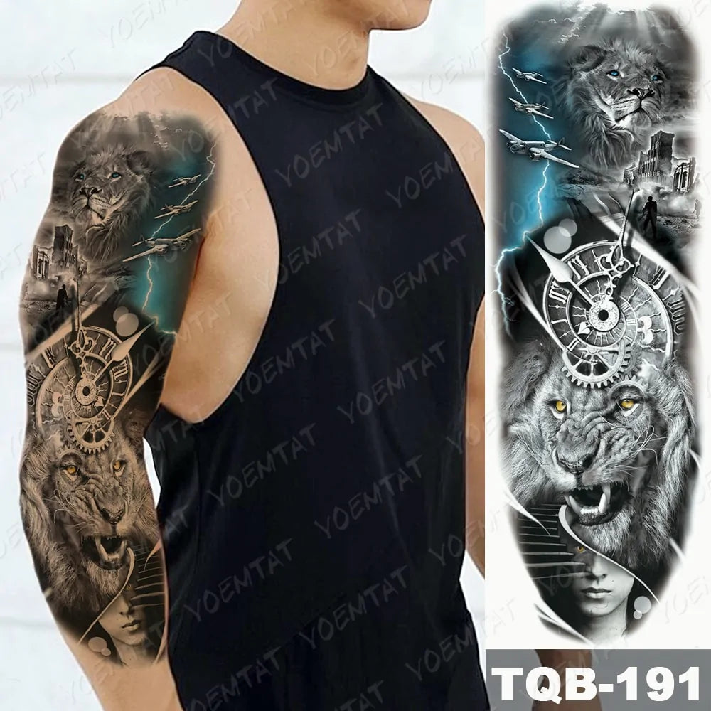 Large Waterproof Temporary Tattoo Sticker: Lion Crown King Rose Tiger Wolf Skull Totem