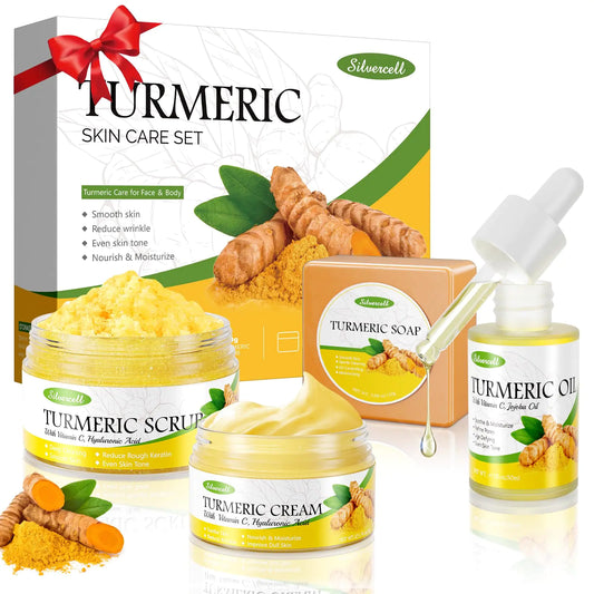 Turmeric Skin Care Set Even Skin Tone with Vitamin C Skin Care Gift Set 4 In 1 Include Turmeric Soap Bar Turmeric Oil Turmeric Face Cream Turmeric Scrub Face Moisturizer Skincare Set for Women