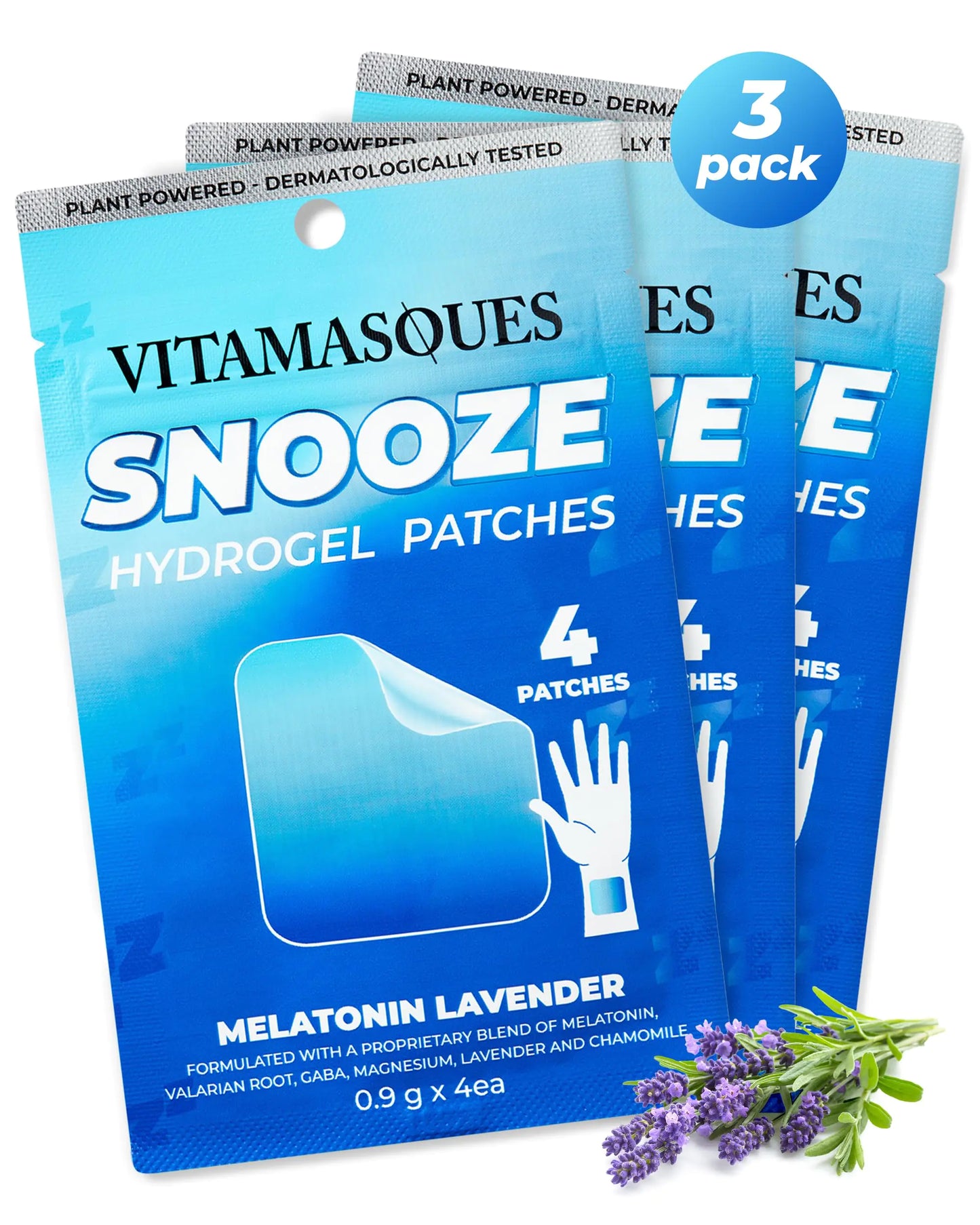 Vitamasques Sleep Patches for Adults SnoozeMe Wellness Hydrogel Patch (3-Pack) - Sleeping Patch with Lavender Melatonin & Valerian Root - Cruelty-Free Gluten-Free & Filler-Free Sleep Patch