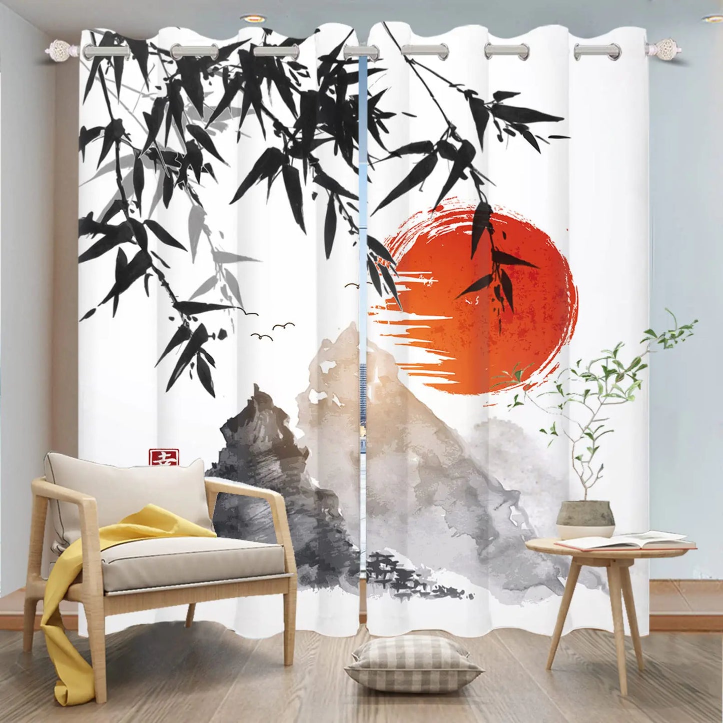 DORCEV Japanese Curtains Ink Painting Mt. Fuji Red Sun Sunset Bamboo Leaves Window Drapes for Bedroom Living Room Asian Japanese Style Kitchen Curtains Treatment Sets Decor53x63 inch2 Panels