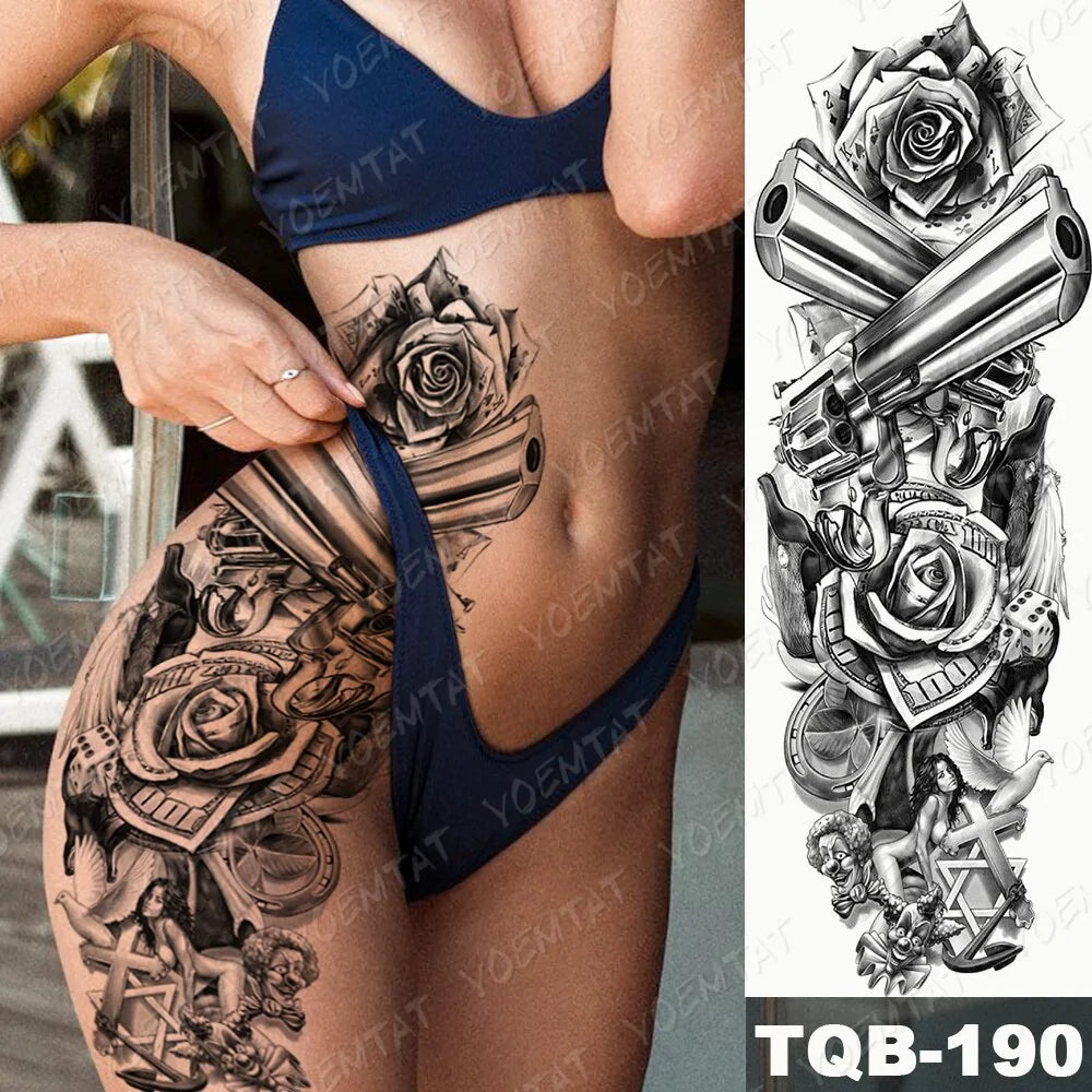 Large Waterproof Temporary Tattoo Sticker: Lion Crown King Rose Tiger Wolf Skull Totem