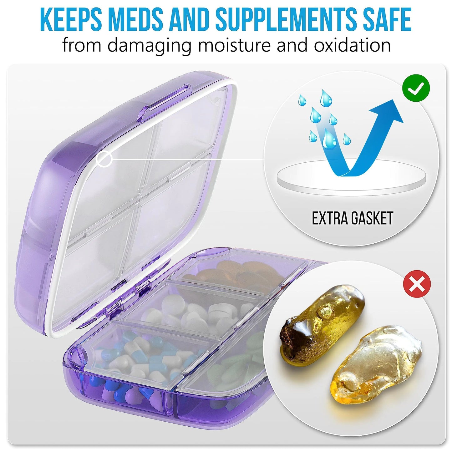 Pill Organizer Airtight Purple Pill Box Large Pill Dispenser for Home and Travel