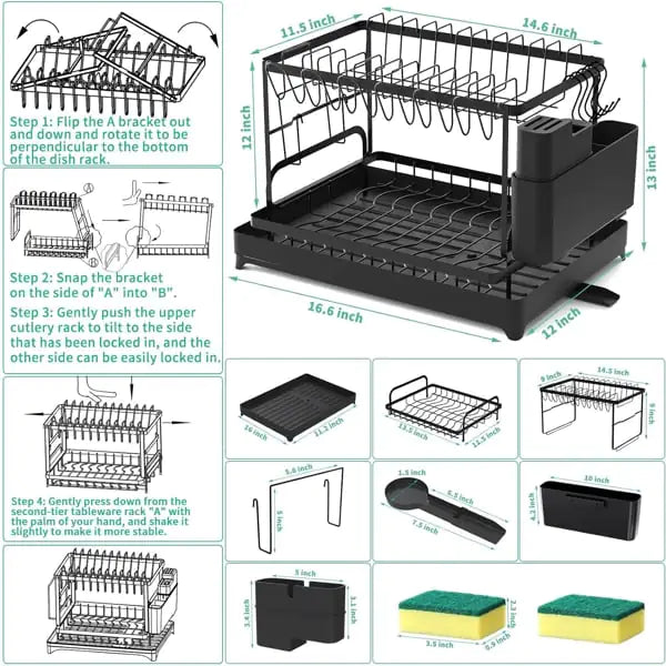 2-Tier Dish Rack with Drainboard & Utensil Holder