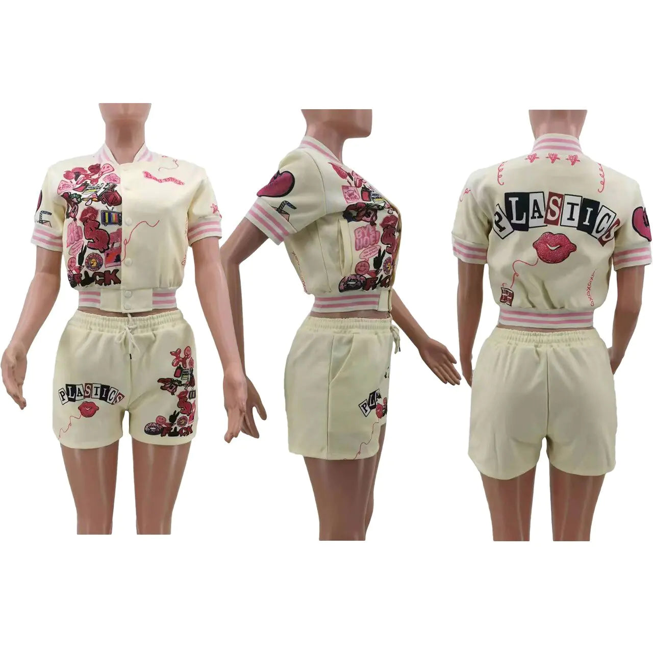 Women's Letter Print Baseball Jacket & Sports Shorts Set