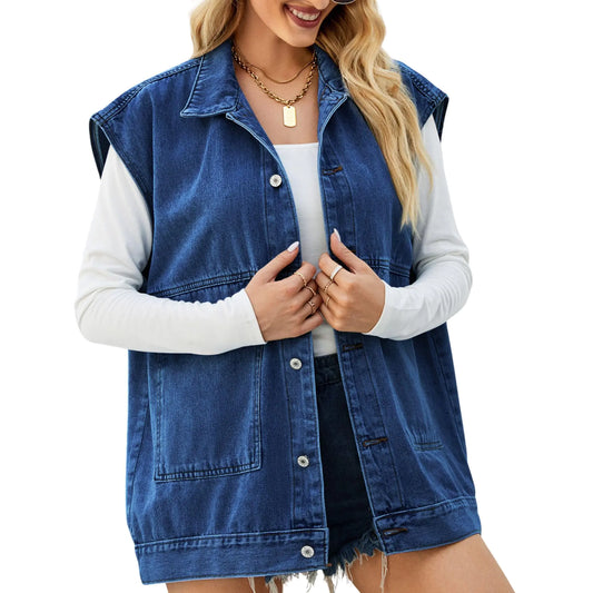 FindThy Women’s Vintage Denim Jean Vest Oversized Button Down Jean Waistcoat Gilet Dark Blue Medium