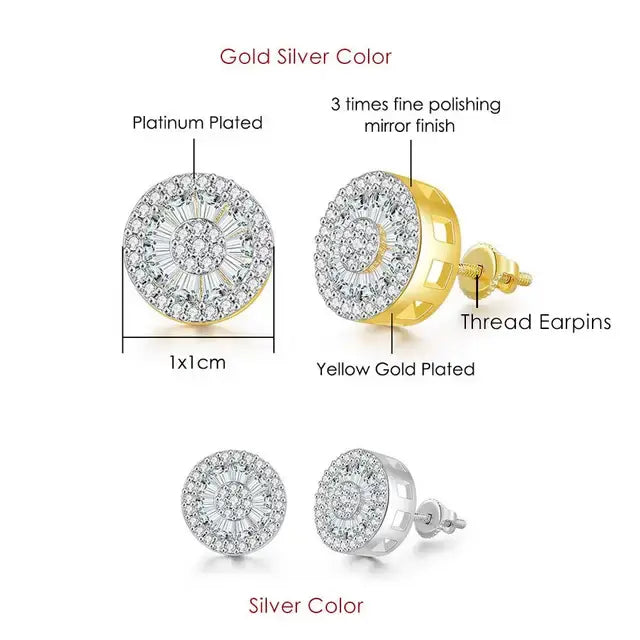 Rock Hip Hop Iced Out Stud Earring for Men Male Inlaid AAA+CZ Zircon Gold Color Piercing Ear Accessories Hiphop Trend Jewelry