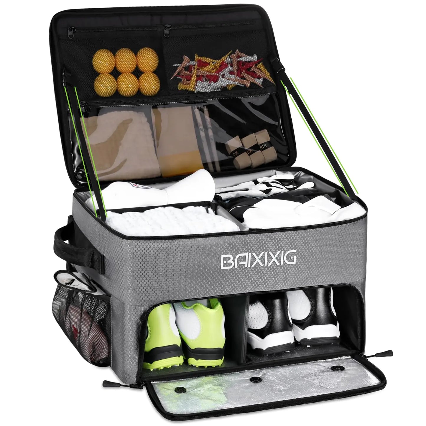 BAIXIXIG 2 Layer Golf Trunk Organizer Waterproof Car Golf Locker with Separate Ventilated Compartment for 2 Pair Shoes Golf Gifts for Men Golf Trunk Storage for Golf Accessories Gray