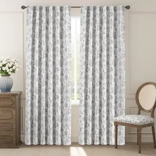 jinchan 100% Blackout Floral Curtains for Bedroom 84 Inches Long Curtains Printed Flower Black Out Curtains French Country Back Tab Gray Window Curtains Farmhouse Drapes Set 2 Panels Grey