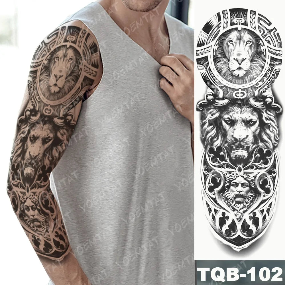 Large Waterproof Temporary Tattoo Sticker: Lion Crown King Rose Tiger Wolf Skull Totem